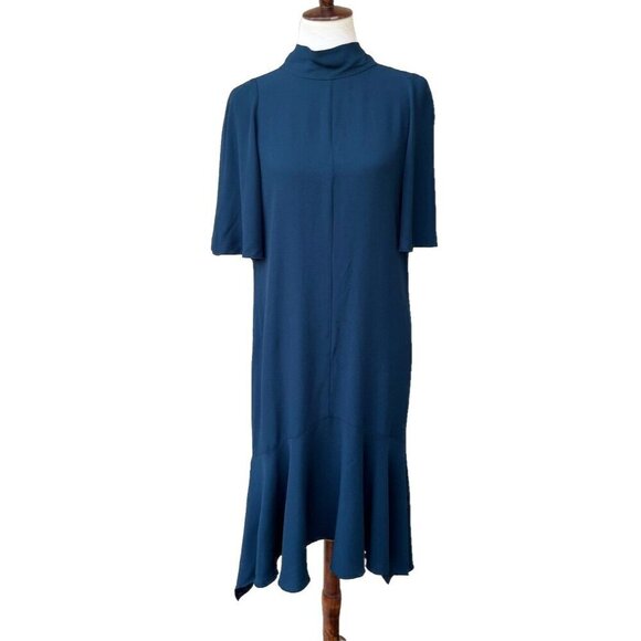 Lewit Women Green Scarab Mock Neck Back Tie Elbow Sleeve Rippling Dress Size 10 - Picture 2 of 16